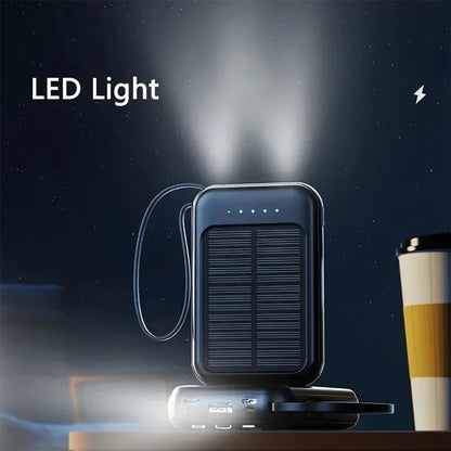 20000mAh High Capacity Solar Power Bank Built 4 Cables Fast Charger 2 USB Ports Portable External Powerbank LED Light Powerbank