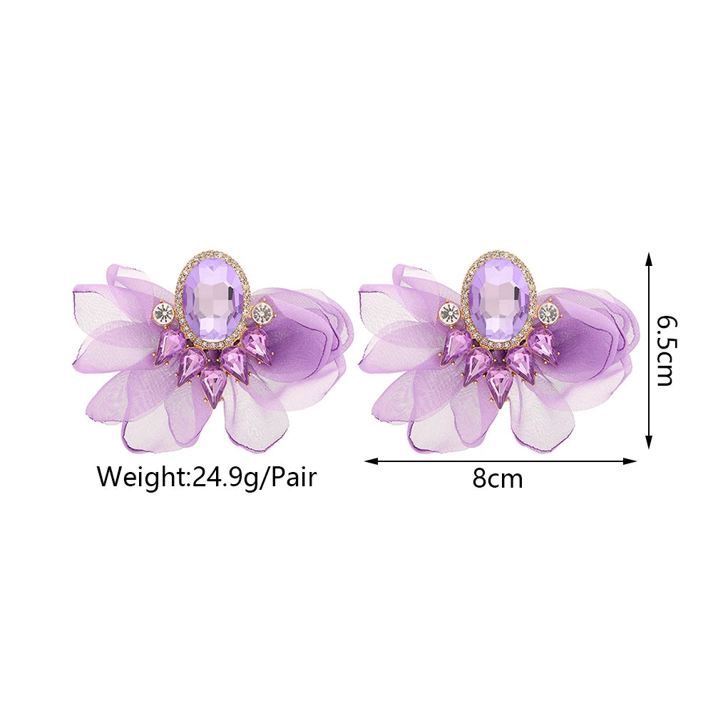 Bohemian Fabric Flower Earrings for Women Imitation Gemstone Floral Large Earrings Party Prom Beach Vacation Jewelry Accessories