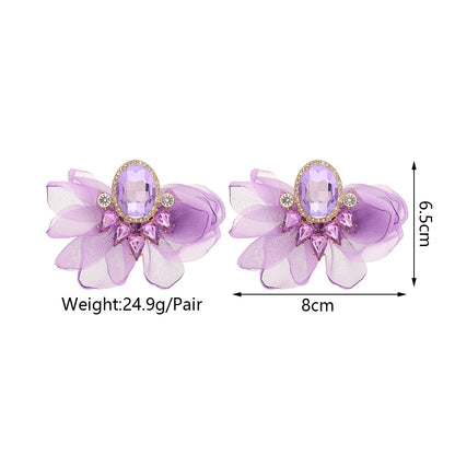Bohemian Fabric Flower Earrings for Women Imitation Gemstone Floral Large Earrings Party Prom Beach Vacation Jewelry Accessories