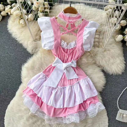 Pink Sweet Women LolitaMini Dress Y2k Servant Low Cut Lace Patchwork Mini Dress Birthday Cocktail Role Play Maid Short Dresses
