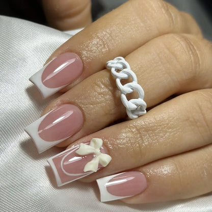 White French Press on Nails 3D Bowknot Fake Nails Tips Full Cover Wearable False Nails for Women and Girls DIY Manicure 24Pcs