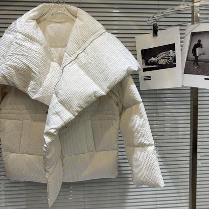 Winter Big Turn Down Collar Long Down Jacket Drawstring Striped Thick Knee Length Overcoat Warm White Duck Down Jacket Women