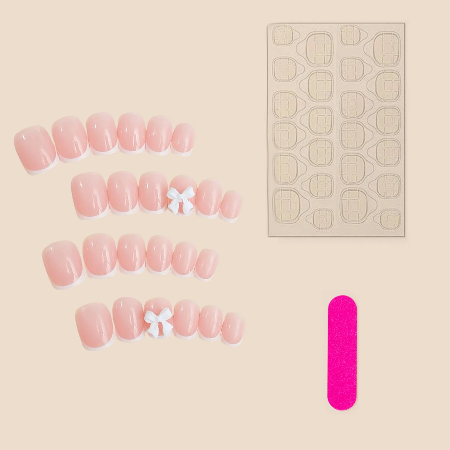 White French Short Press on Nails 3D Bowknot Designs Nude Color Fake Nails Artificial False Nails Tips for Woman DIY Manicure