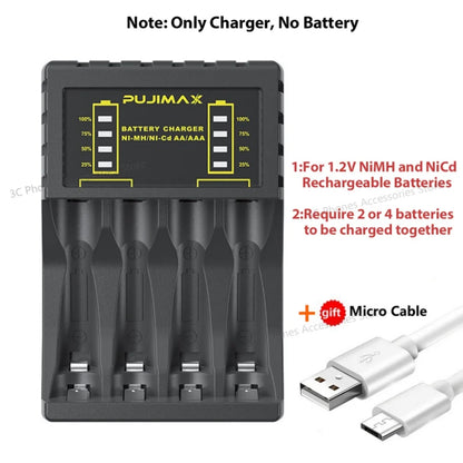 Battery Charger 4 Slot Intelligent Fast Charge With Indicator For 1.2V NiMH NiCd AAA/AA Rechargeable Batteries USB C Micro Jack