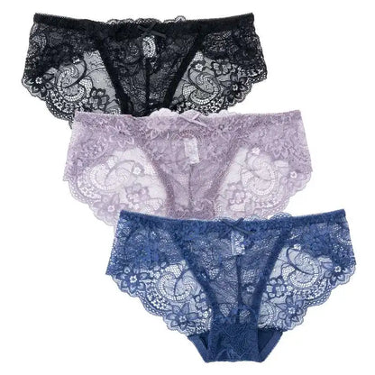 3PCS Hollow Out See Through Underpants Comfortable Briefs Sexy Ladies Lace Transparent Panties Low-Rise Lingerie