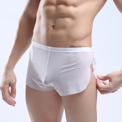 Mens Sexy Underwear Wet Look Lingerie Breathable Pouch Boxer Shorts Side Split Trunks Quick Dry Underpants Ultra Thin Panties