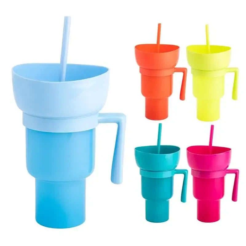Portable Snackies Cup 2 in 1 Splash Proof Leakproof Top Snack Bowl on Drink Cups  Popcorn Stadium Tumbler with Straw Cinema Trip