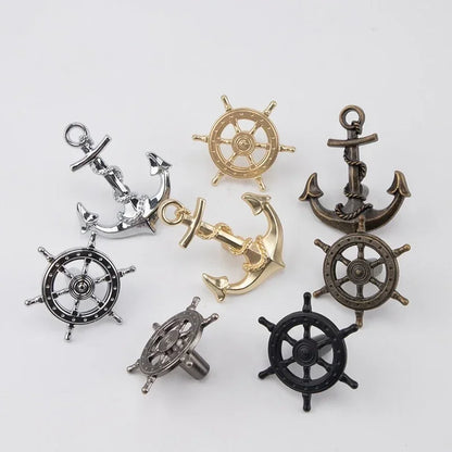 Vintage Anchor Ship Wheel Cabinet Handle - Antique Brass Single Hole Pull for Wardrobe/Cabinet, Nautical Drawer Hardware