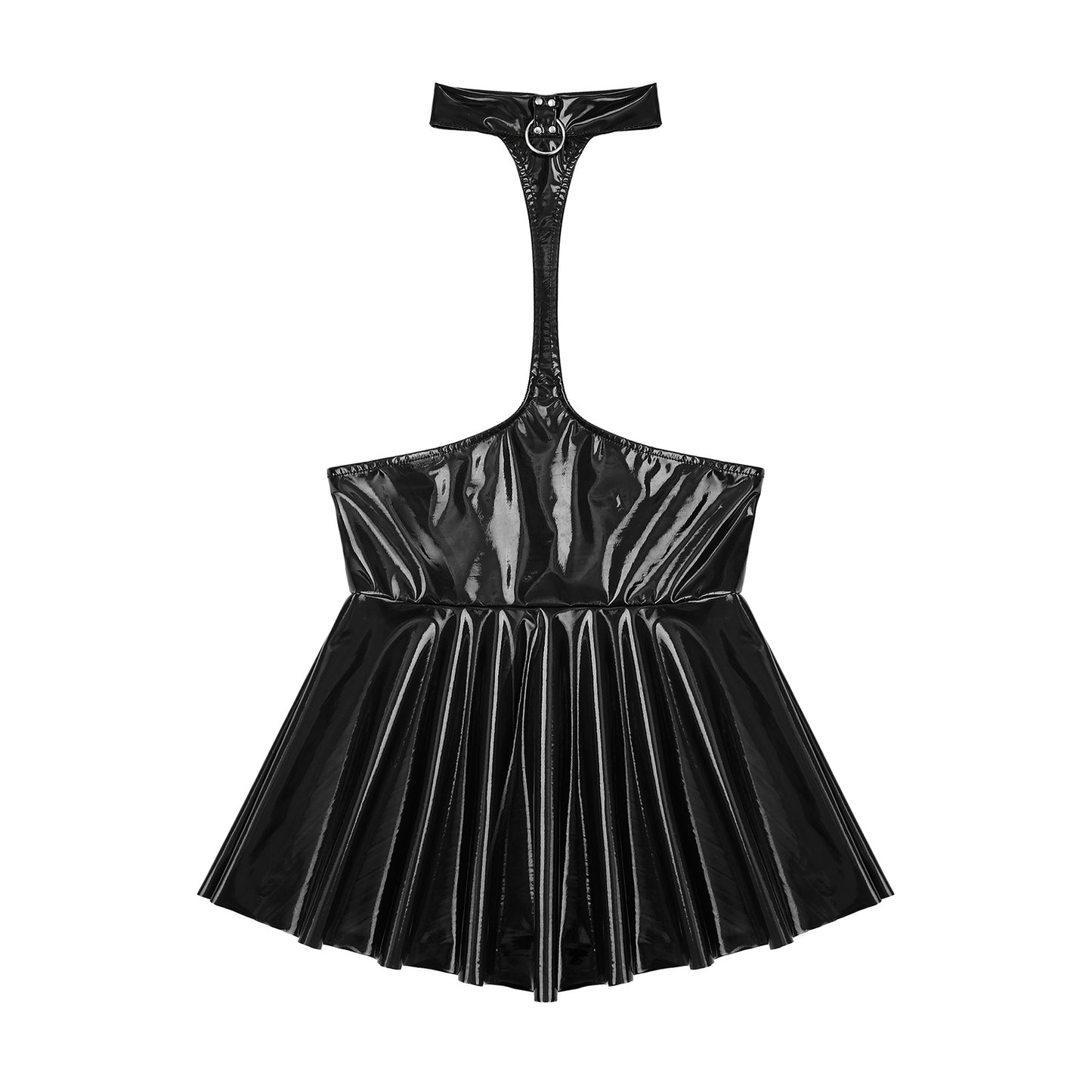 Womens Patent Leather Halter Latex Dress Wet Look Bare Breast Exposing Patent Leather Open Chest Halter Ruffled Latex Dresses