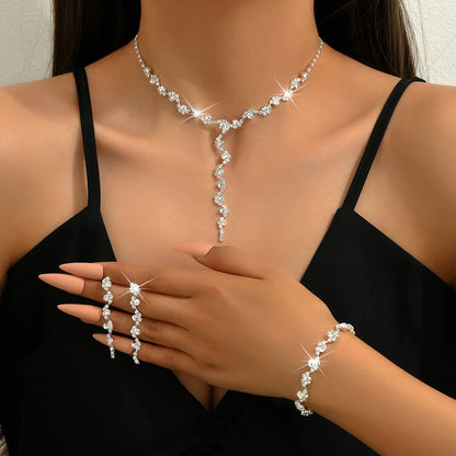 4 pieces of women's European and American fashion jewelry set, rhinestone necklace, bracelet, earrings, bride's wedding dress ac