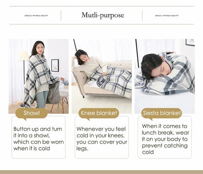 Thick Plaid Blanket Warm Winter Wearable Blanket Adults Office Travel Soft Fleece Throw Blankets With Button Home Shawl