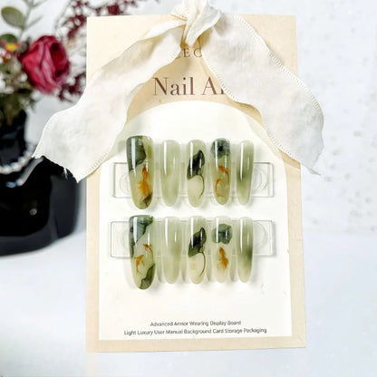 10Pcs Green Chinese Press-on Nails Featuring Lotus Leaf & Koi Crescent Moon and Bamboo Designs Traditional Nail for Women&Girls