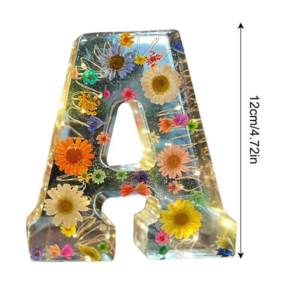 Floral 26 Letters Night Lights Decorative Resin Lamp with Initial Letter & Dry Flower Creative Table Light Night Lamp Glowing
