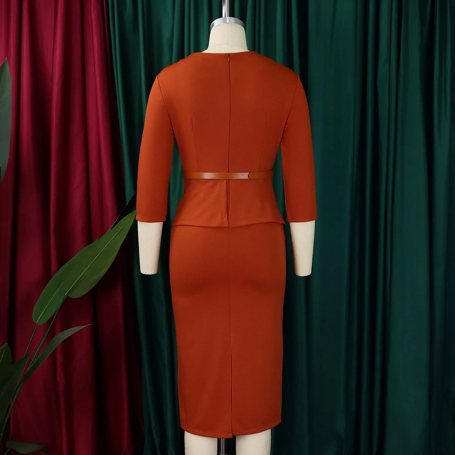 Elegant Office Dresses for Woman V Neck Full Sleeve Belt Waisted Sheath Package Hips Mid Calf Formal Business Work Wear Gowns OL