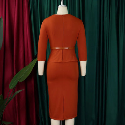 Elegant Office Dresses for Woman V Neck Full Sleeve Belt Waisted Sheath Package Hips Mid Calf Formal Business Work Wear Gowns OL