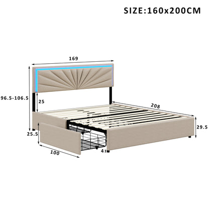 Double Bed, Upholstered Bed 160 x 200 cm, LED Bed Frame, Storage Bed with 4 Drawers and Slatted Frame, Headboard, Youth Bed