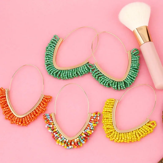 Bohemian Multicolor Beads Hoop Earrings For Women Handmade Boho Ear Vintage Jewelry Gold Color Big Statement Earrings Accessory