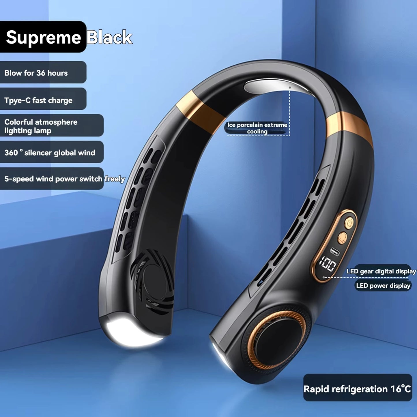 2025 Hanging Neck Fan Portable Bladeless Neck Fan Air Cooler Digital Display Rechargeable Air Conditioner Neck Ventilator