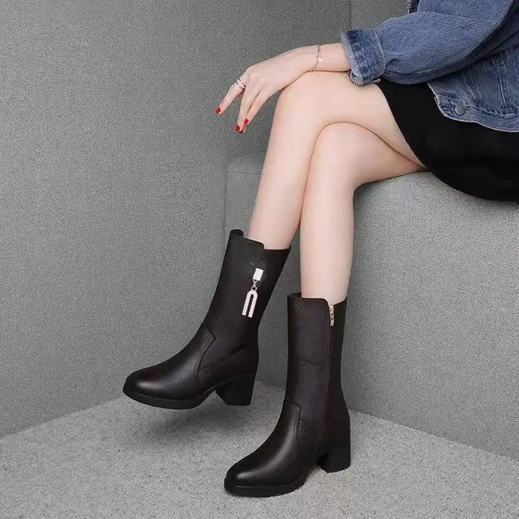 Footwear Half High Women's Boots Middle Heel Shoes for Woman Black Rhinestone Mid Calf Fashion 2024 Designer Luxury Goth Pu Boot