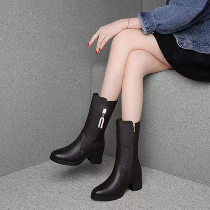 Footwear Half High Women's Boots Middle Heel Shoes for Woman Black Rhinestone Mid Calf Fashion 2024 Designer Luxury Goth Pu Boot