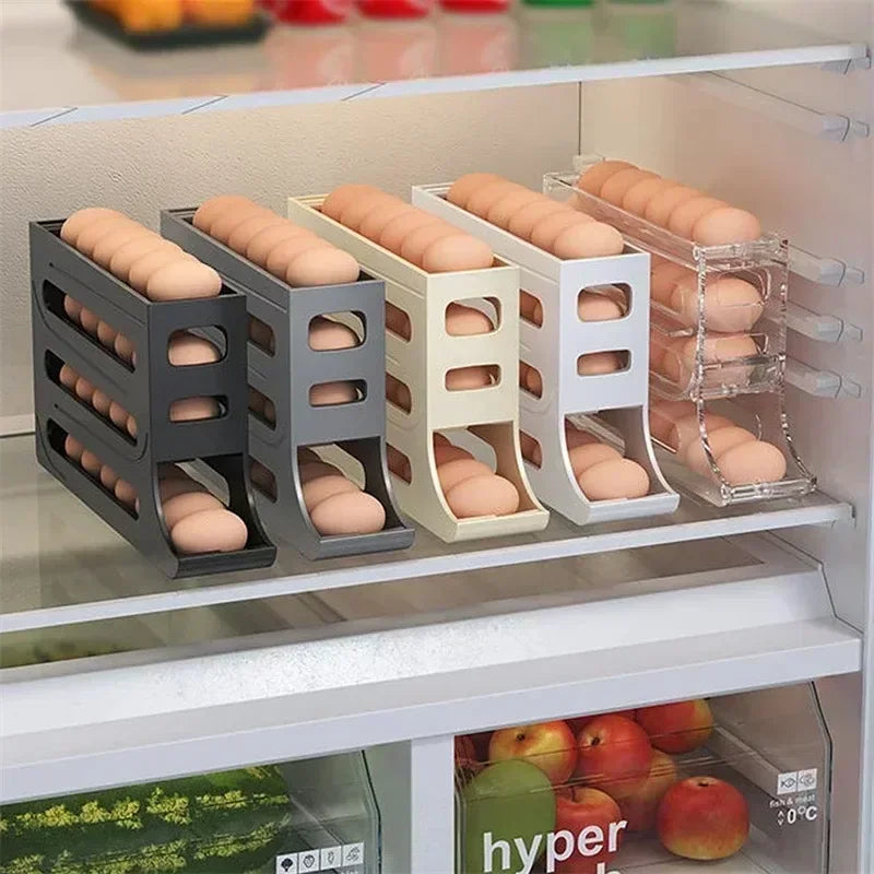 4 Tier Egg Storage Box Organizer Refrigerator Rolling Egg Organizer Holder Fridge Storage Organizer Food Container Egg Dispenser