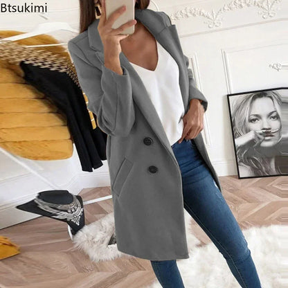 New Plus Size 4XL 5XL Women's Autumn Coat Woollen Blends Overcoats 2025 Winter Long Sleeve Casual Oversize Outwear Jackets Coat