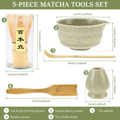5 Pcs Matcha Set Includes Matcha Bowl with Spout Matcha Whisk Holder Bamboo Matcha Whisk Spoon and Tea Scoop Complete Japanese