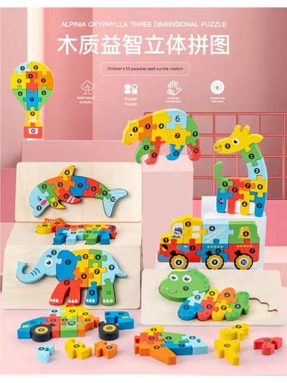 3D Colored Puzzles for Children 2 years old+, Jigsaw, Wooden Toys, Cartoon, Animal, Traffic, Intelligence, Early Education