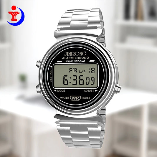 Fashionable men's and women's digital watches, waterproof 30M, stainless steel strap, LED backlight, date and week display