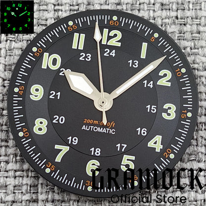 Gramock Classics Sterile 29mm Pilot Black Watch Dial Part for NH35/36 ETA PT5000 Miyota Mingzhu DG ST2130 Movement Part Hand Set