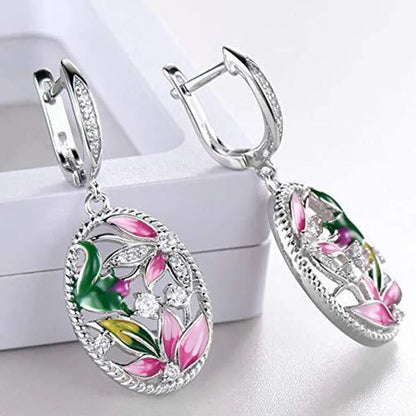Huitan Creative Design Pink Flowers Enamel Earrings for Women Silver Color Luxury Crystal CZ Green Leaf Earrings Fashion Jewelry