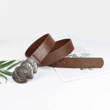 Vintage Heart Leather Belt Love Buckle Retro Embossed Belt Men's Pattern Belt Ethnic Belt Western Jeans Belt Goth