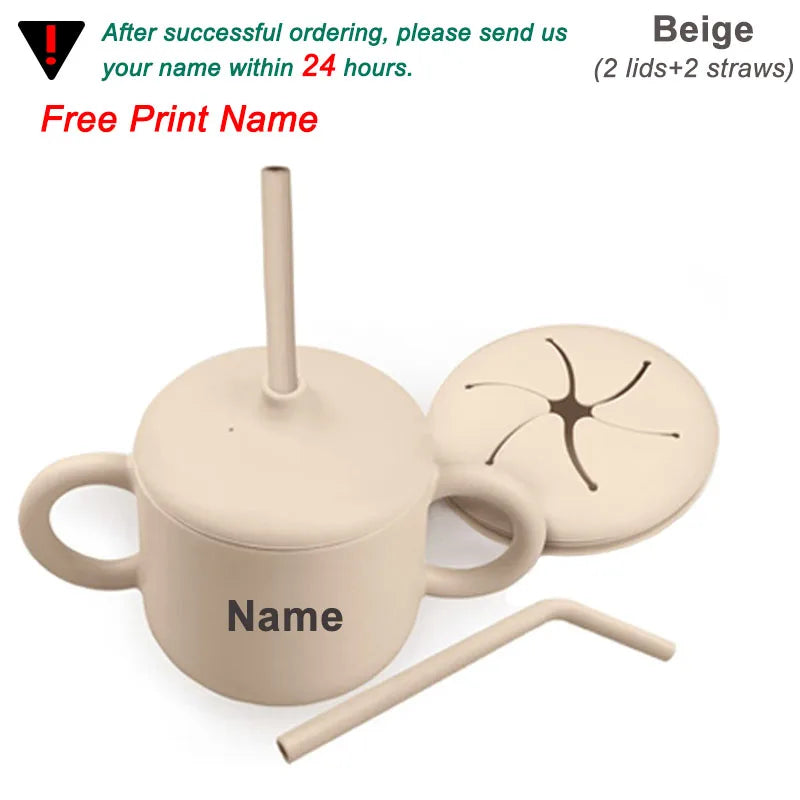 Food Grade Silicone Baby Feeding Cups Personalized Name Children Learn Drinking Cups Sippy Cups Kids Toddlers Straw Water Bottle