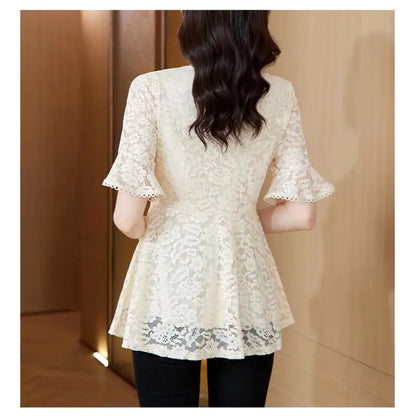 Office Shirts Basic Wear New Design 2025 Women Elegant Fashion Work Lady Bling Beaded Flare Sleeve Lace Tops Blouses