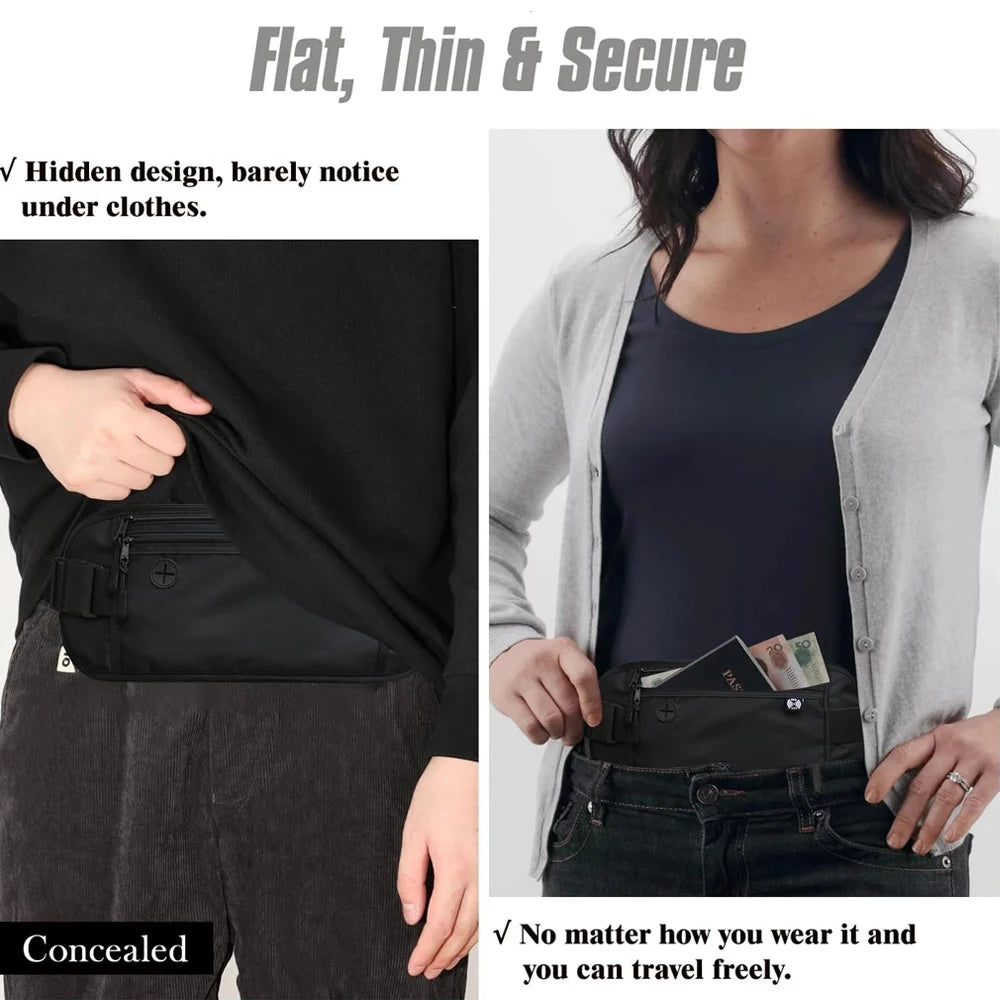 RFID Blocking Money Belt for Travel -Hidden Anti-Theft Passport Wallet & Slim Fanny Pack - Secure Waist Pouch for Cash, Cards
