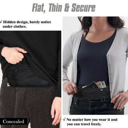 RFID Blocking Money Belt for Travel -Hidden Anti-Theft Passport Wallet & Slim Fanny Pack - Secure Waist Pouch for Cash, Cards