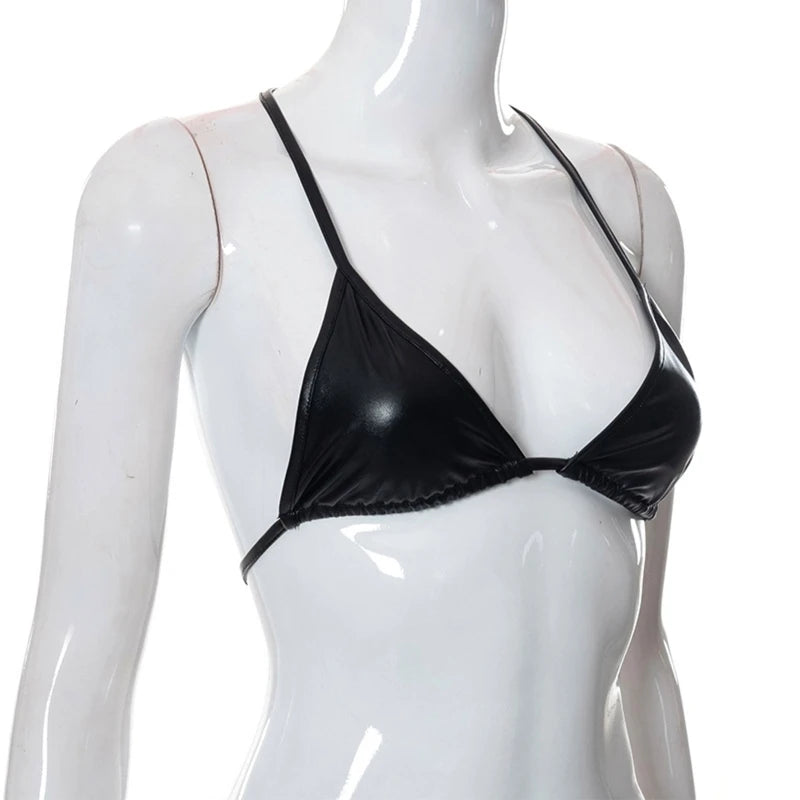 Sexy Ladies PU Beachwear Bra Tops Black Soft Bag for Triangle Swimwear Female Low Waist Suit Swimsu