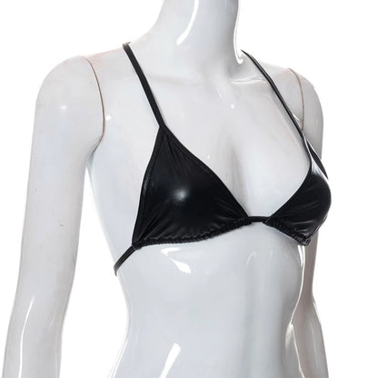 Sexy Ladies PU Beachwear Bra Tops Black Soft Bag for Triangle Swimwear Female Low Waist Suit Swimsu