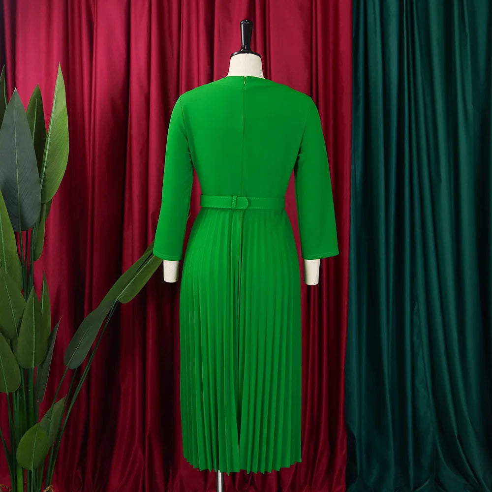 Office Dresses for Women V Neck Full Sleeve Belt Waisted Pleated Mid Calf Elegant Female Business Work Wear Dress Midi Cloth New
