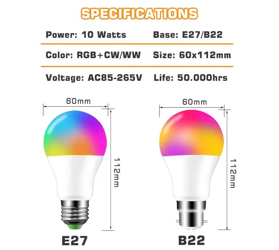 LED Smart Light Bulb, Color Changing Alexa Light, RGB Smart Lamp That Work With Alexa, E27 B22 Base,16 Million Colors,Dimmable