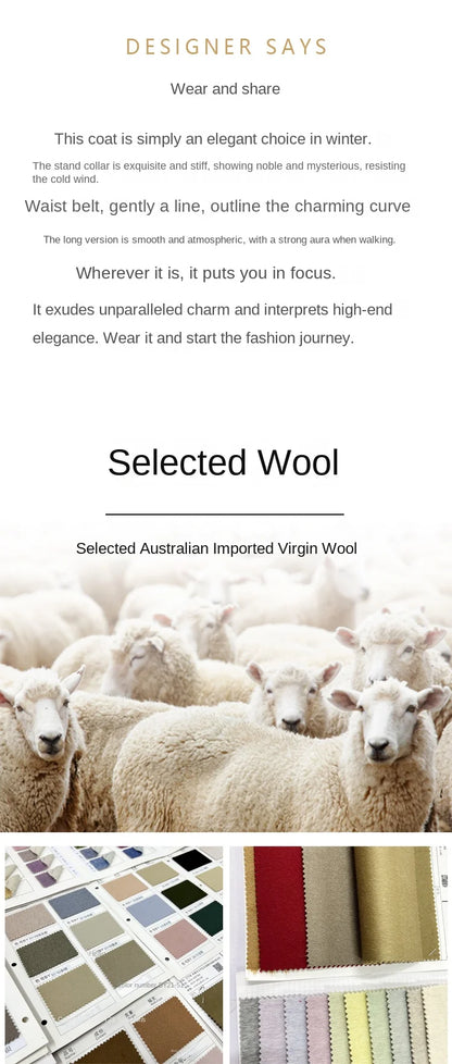 Office Lady Woolen Jackets 2024 Autumn And Winter Bathrobe Style Pocket Double-Sided Loose Lace -Up Tie Women's Long Wool Coats