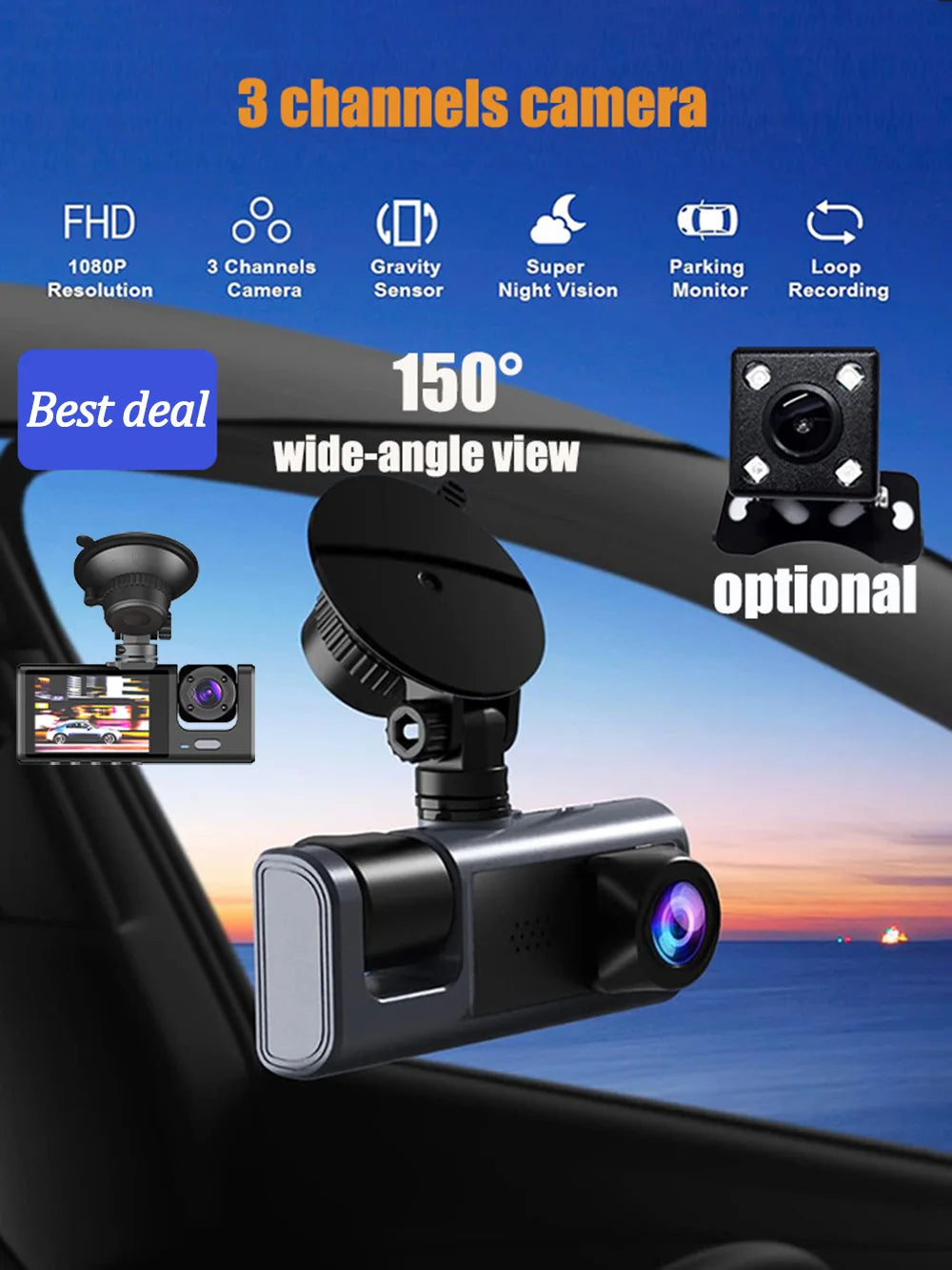 1080P Car Dvr 3 Camra Dash Cam for Cars Camera for Vehicle Recorder Video Front and Rear Camera W/ IR Night Vision Dashcam