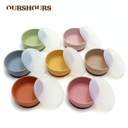 Food Grade Silicone Baby Feeding Bowls with Lid Anti-fall Strong Suction Dining Bowl for Toddler Kid Training Tableware BPA Free