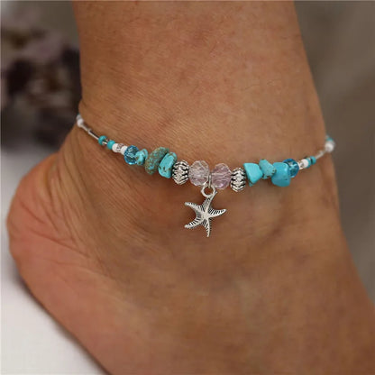 Modyle New Beads Anklets for Women Silver Color Starfish Beach Leg Bracelet Handmade Bohemian Foot Chain Boho Jewelry Gift