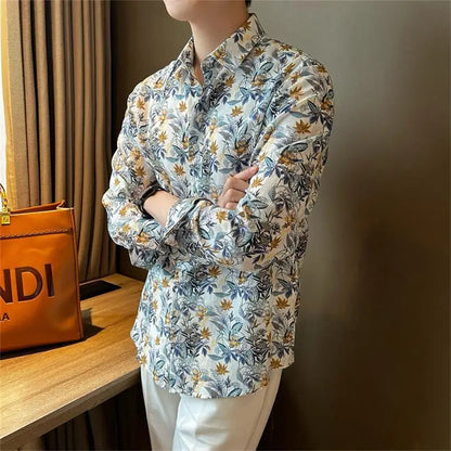 Fashion Brand Handsome High-end Slim Long-sleeved Floral Shirt for Men's New Casual and Trendy Temperament