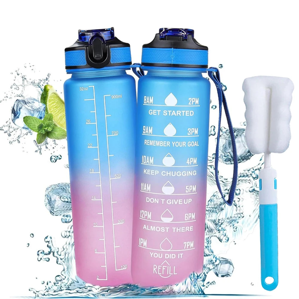 1L Water Bottle With Straw 32oz Water Bottle With Time Marker Motivational Tritan, Bpa Free Leak Proof Water Cup with Brush