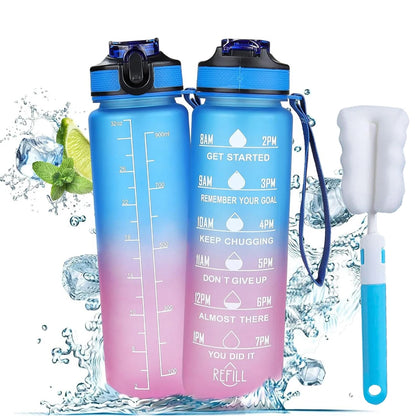 1L Water Bottle With Straw 32oz Water Bottle With Time Marker Motivational Tritan, Bpa Free Leak Proof Water Cup with Brush