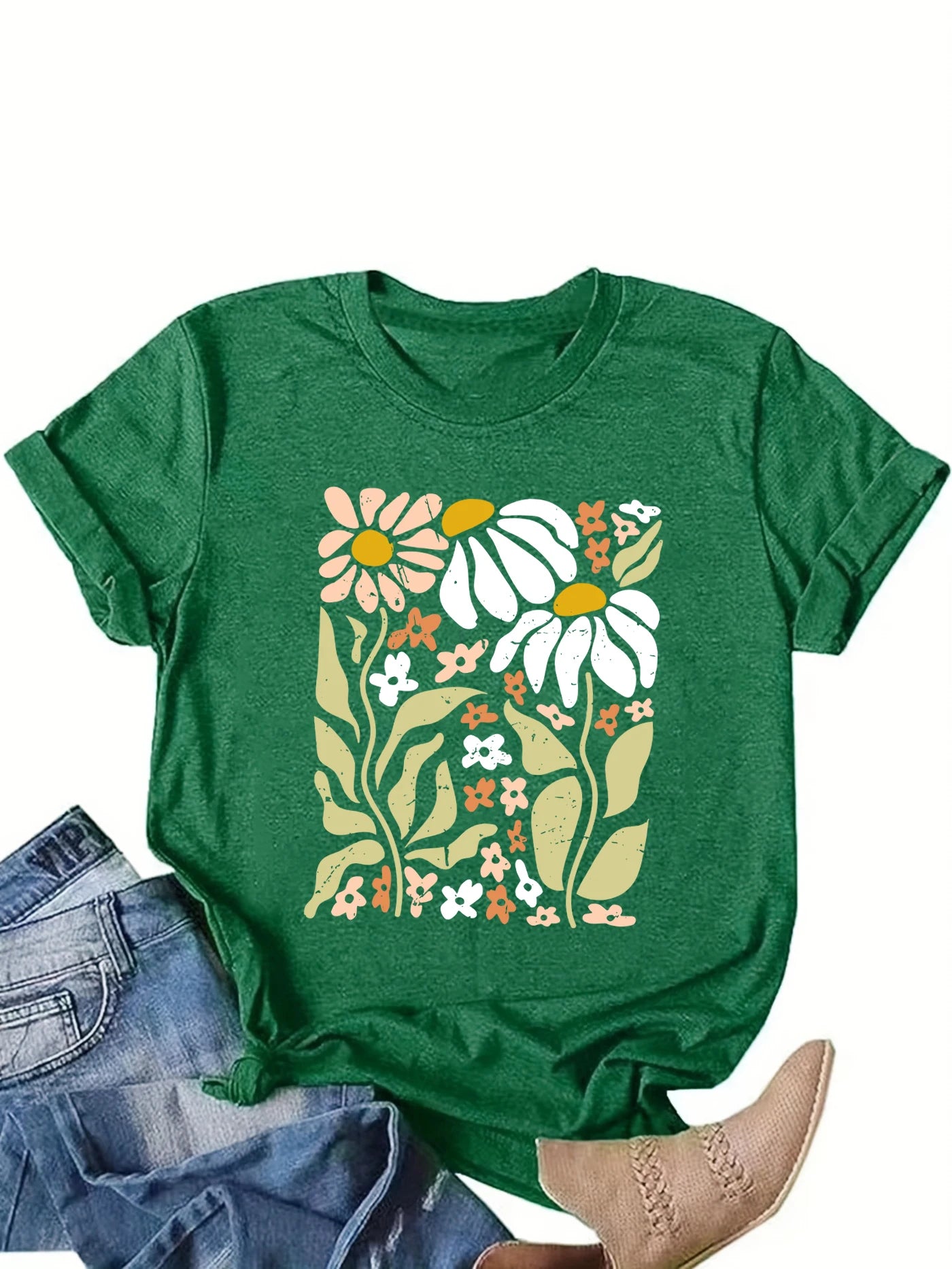  Flowers  print t-shirt, short sleeve crew neck casual top for summer & spring, women's clothing