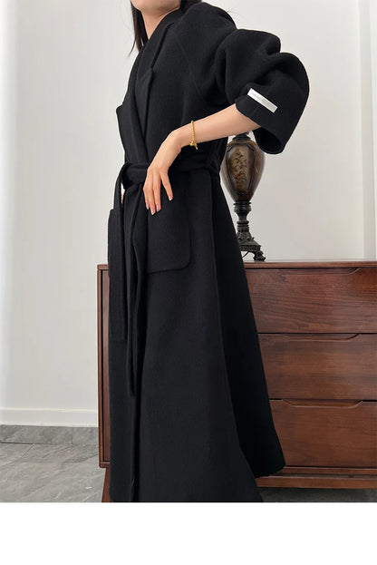 Office Lady Woolen Jackets 2024 Autumn And Winter Bathrobe Style Pocket Double-Sided Loose Lace -Up Tie Women's Long Wool Coats