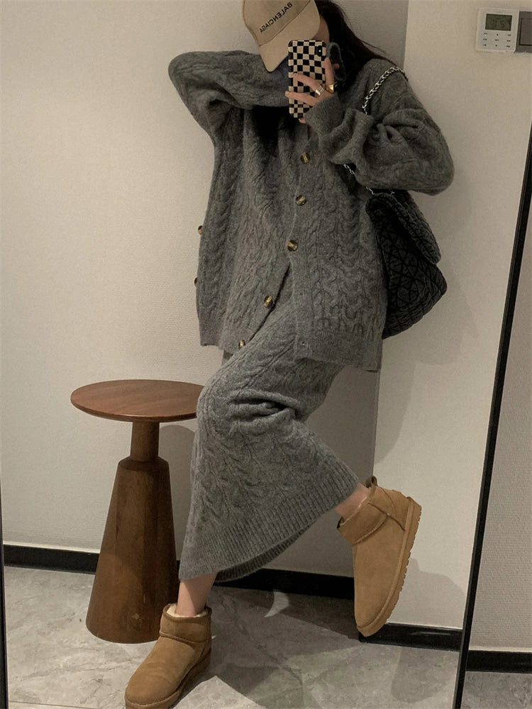 Women Sweater Winter 2 Piece Sets Elegnat Knitted Suits Female Sweaters Vintage Womens Skirt High Waist Autumn Vintage Vestidos